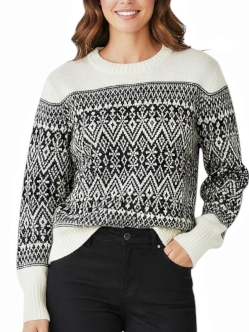LOFT Fair Isle Crewneck Sweater in White/Black Size XL-- PERFECT FOR FALL!!!